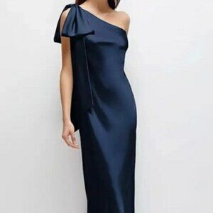 After Six Midnight Navy Blue One Shoulder Bow Satin Gown 6900